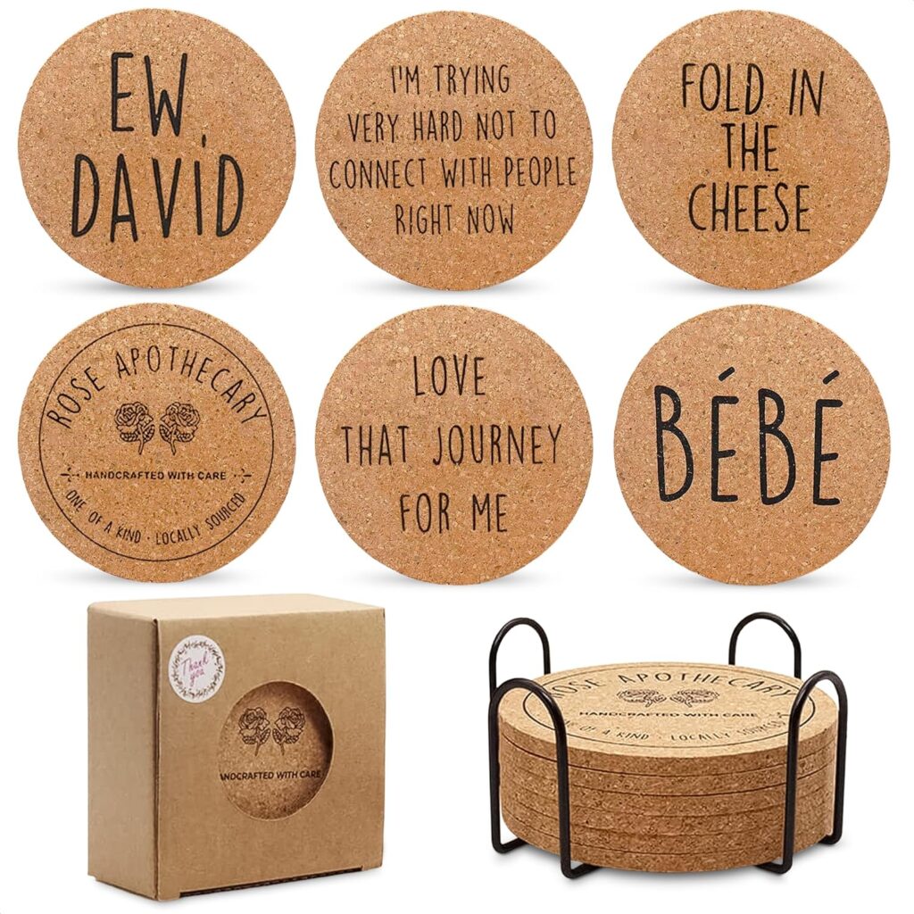 6Pcs Cork Mat Drink Coasters with Holder - Cork Coasters for Drinks Home Bar Table Coasters for Coffee Table Decor Drink Coaster Sets with Holder - Absorbent Coasters Wedding Favor Coffee Bar Decor